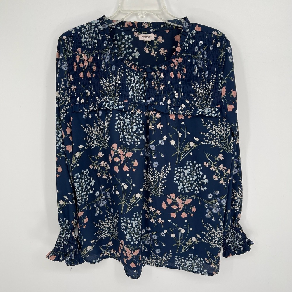 Westport Women's Blue Floral Smocked Ruffle Long Sleeve Blouse Size XL